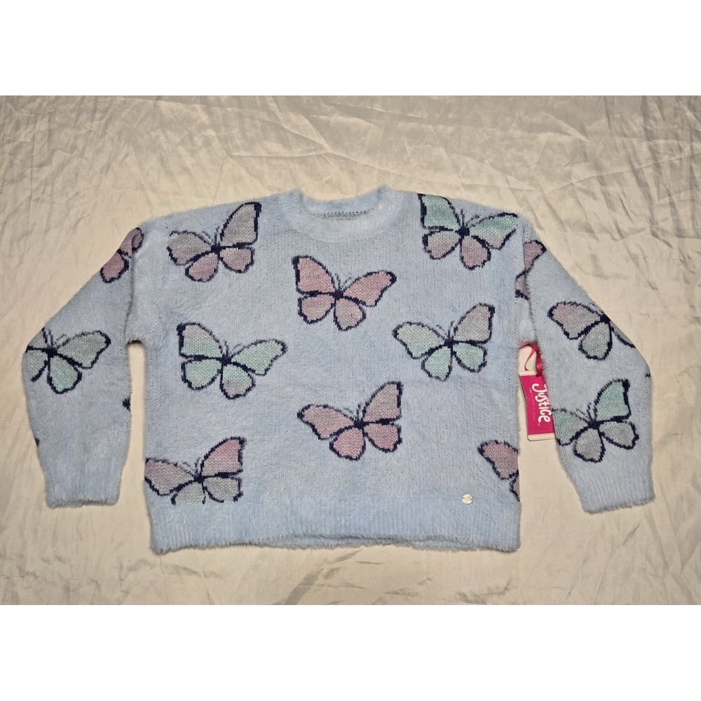 NWT Justice Girls Crew Neck Eyelash Sweater Butterflies Medium 10 Pullover Fuzzy